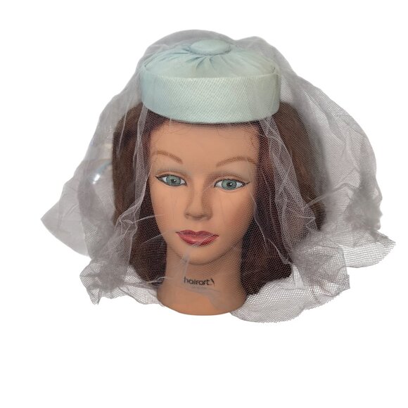 Vintage Light Blue Pillbox Hat With Veil - Picture 1 of 7